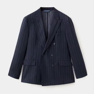 Abito <span class=keywords><strong>Doppiopetto</strong></span> Personalizzabile <span class=keywords><strong>Blu</strong></span> a Righe per Uomini d'Affari, Taglie Forti, Blazer con Polsini a Pieghe, Tessuto TR, Tempi di Consegna Rapidi - Product Image 2