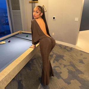 Robe sirène élégante rétro unie sans dos froncée pour femme, à manches larges, ajustée, sexy, pour soirée formelle - Product Image 2