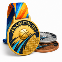 Medaglia Personalizzata per Basket Placcata in Oro, Argento e Bronzo con Rilievo 3D e Nastro per Tornei e Premi Sportivi