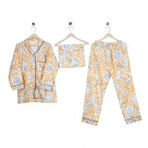 Women's Vintage Floral Print 100% Cotton Pajamas Set 3-Piece Full Sleeve Regular Fit Turn-Down Collar Soft Woven Sleepwear - Product Image 1