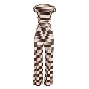 Viviblook J26ST078 Conjunto de dos piezas para mujer, novedad de verano, top de punto a rayas con bloques de color, manga corta y botones, y pantalones de pierna ancha. - Product Image 6