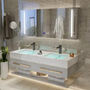 Bathroom Marble Vanity 72 /60 Inch Armoire De Toilette Floating Marble Top Plywood Bathroom Vanity Unit With Sink