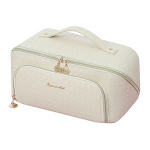 Sac de toilette en PU imperméable personnalisé, portable, ouvert à plat, avec poignée, grande capacité, organiseur de maquillage, sac de voyage pour maquillage - Product Image 2
