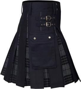 Kilt Tradizionale da Uomo Plissettato in Tartan, Taglia Grande, Ibrido Scozzese in Lino Nero e Tartan con Cinghie in Pelle - Product Image 1