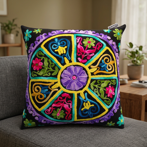 Housse de coussin en coton coloré de forme carrée brodée à la main avec base noire pour hôpital à domicile ou hôtel - Product Image 3
