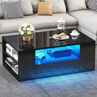 Table Basse Moderne en Bois Laqué Minimaliste avec LED, 2 Tiroirs et Étagère Ouverte, Meuble de Salon Pratique avec Rangement