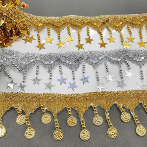 ZSY DIY Tissu en dentelle à paillettes au crochet, motif pièce de monnaie, non extensible, 100% Polyester, 45mm, avec bordure tressée or et argent et pompon cloche découpé au laser - Product Image 2