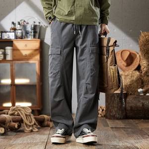 <span class=keywords><strong>Pantalon</strong></span> décontracté pour homme printemps-automne, tendance américaine, coupe droite, style rétro, joker, jambe large, cordon de serrage, plissé, 100% coton, léger - Product Image 5