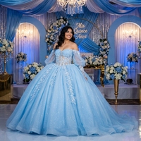 Robe de Quinceañera bleu ciel sans bretelles Hmy22, robe de bal de soirée, appliqué en dentelle perlée de cristaux lourds Jancemebr