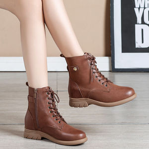 Botas retro de cuero de vaca marrón a media pantorrilla para mujer, transpirables, con cremallera, planas, con forro de piel sintética, que aumentan la altura, zapatos de invierno - Product Image 2