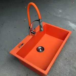 Fregadero de cocina naranja FLG con mesa de drenaje, piedra de cuarzo, lavabo individual de cocina de granito de doble Canal Grande