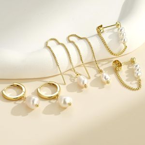 925 Silver Pearl <b>Earrings</b> Set For Women Mismatched Dangle Hoop And Threader Stud <b>Earrings</b> With Imitation Pearls Fashion Jewelry - Product Image 3