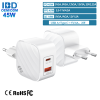 Chargeur mural super rapide GaN 45W USB Type-C double port pliable PD 3.0 QC pour téléphone portable, ordinateur portable et appareil photo