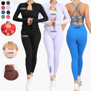 مخصص سروال ضيق عالي الخصر رفع حمالة الصدر الرياضية سستة سترة اليوغا ملابس رياضية شعبية للنساء اللياقة البدنية 3 قطع مجموعة اليوغا صالة الألعاب الرياضية - Product Image 1