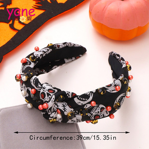 Diademas de Halloween con perlas de diamantes, diademas de calavera alta para mujer, accesorios para el cabello con nudo a la moda, venta al por mayor - Product Image 5
