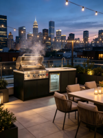 Centre de cuisson extérieur moderne et confortable avec barbecue au gaz intégré, évier en acier inoxydable et mini-réfrigérateur pour les barbecues de week-end en famille
