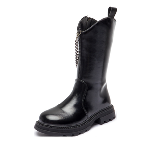 Bottes de mode pour filles, noires, hautes jusqu'au genou, avec chaîne latérale, en cuir, style princesse, pour l'automne, bottes chaudes et plates pour enfants - Product Image 1