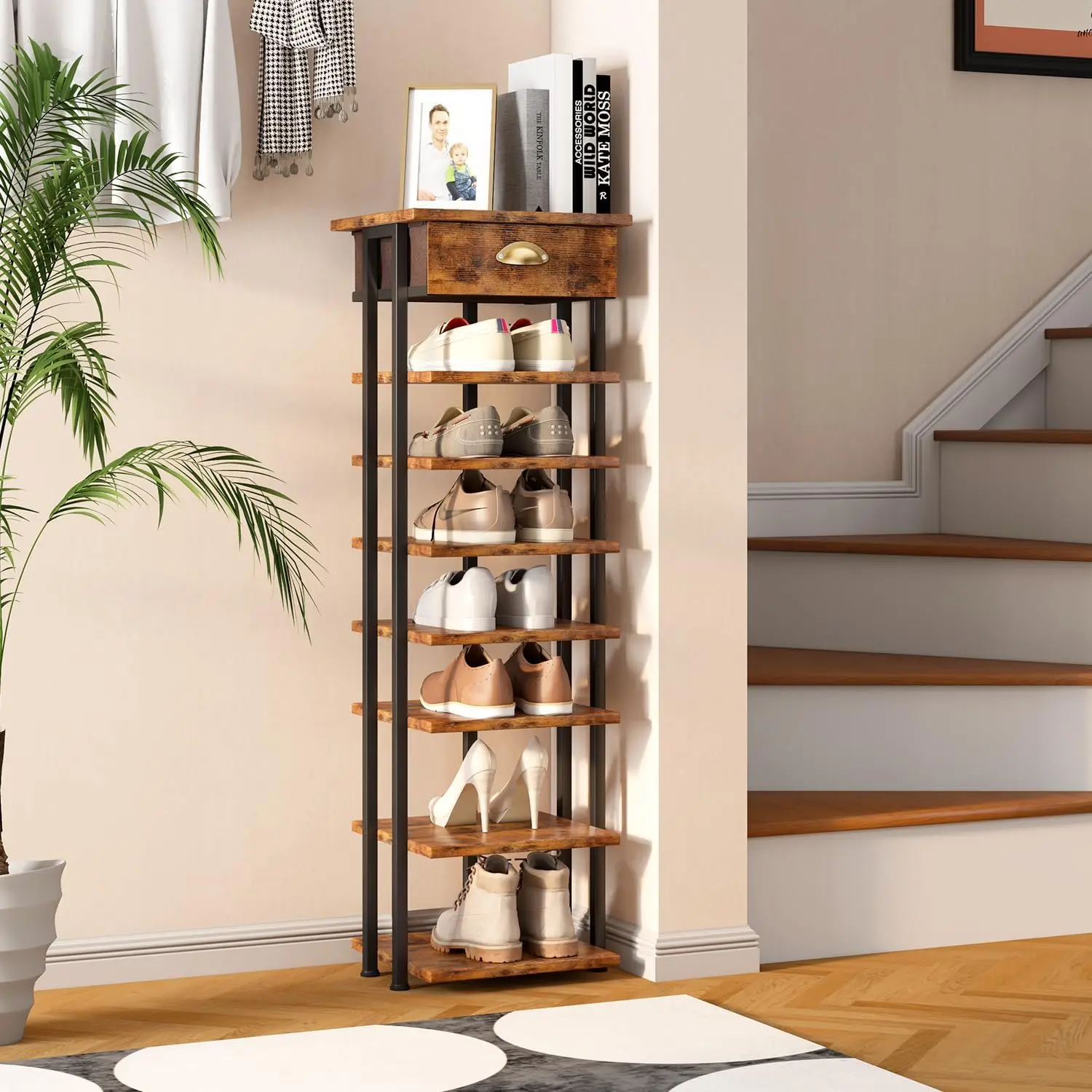 Aniston Kleine schoenenrek met 6 niveaus, bamboe, vrijstaande slanke smalle schoenenopslag, verticale hoge schoenenplank organizer voor garage, kast, hoek, woonkamer kleine ruimtes (6 Tier