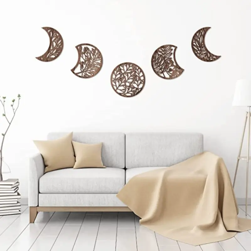 Modern Nordic 5 Pieces Wall Hanging Ornament Set Wooden Moon Phase Art Decor for Bedroom Living Room
