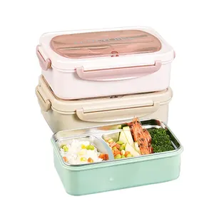 Office Microwave Heating Square Bento Container With Spoon Fork Stainless Steel Lunch Box For Kids School