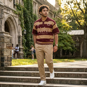 Pull en maille de coton mélangé de haute qualité pour homme, uni, à manches courtes, décontracté, respirant, texture douce, avec logo frontal - Product Image 1