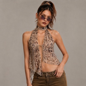 Top Halter con Escote en V Profundo y Tirantes Cruzados, Tejido de Punto con Spandex/Poliéster, Transpirable, Ecológico y Antipilling, con Estampado de Leopardo Y2K para Mujer - Product Image 2