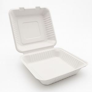 Contenants à charnières en bagasse à 3 compartiments, 9 pouces, 200 unités, sans PFAS, blancs, compostables, utilisables au micro-ondes - Product Image 1