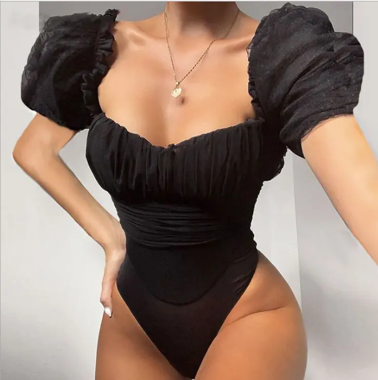 女性のためのオンラインショッピング服メッシュセクシー半袖黒ボディスーツトップ