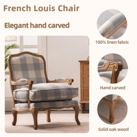 Fauteuil en bois sculpté à la main de style français avec revêtement en tissu, pour salon, chaise individuelle