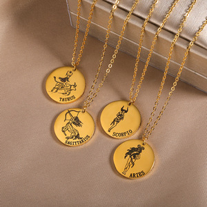 Collana con Ciondolo Zodiacale in Rame Inciso con 12 Segni Astrologici, Catena in Acciaio Inossidabile - Product Image 4