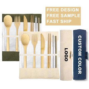 Ensemble de couverts en bambou réutilisables pour le voyage et l'extérieur, avec logo personnalisé, comprenant couteau, fourchette, cuillère et baguettes - Product Image 1