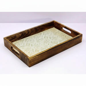 Plateau en bois design avec raccords en laiton Plateau de service en bois de manguier pour tasses à café, tasses à thé, collations au bureau à domicile - Product Image 1