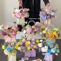 Sac à main rectangulaire couleur macaron avec surface gaufrée losange, boîte d'emballage imperméable pour bouquet floral, sac pour bouquet d'art floral
