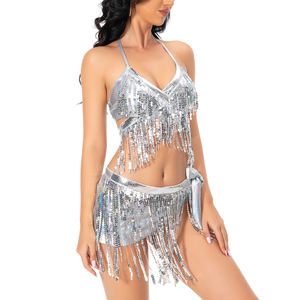 Ensemble bikini métallique 3 pièces, franges à paillettes rave, haut halter dos nu à nouer, jupe de fête à nœuds latéraux et culotte - Product Image 3