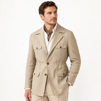 Veste de chasse pour homme 100% lin toile respirante coupe-vent tendance rétro multi-poches avec logo frontal et cordon de serrage intérieur