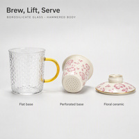 Tasse en verre texturé avec revêtement en céramique 400 ml, motif floral, tasse à thé avec couvercle, poignée dorée, ensemble de tasses à café et à eau