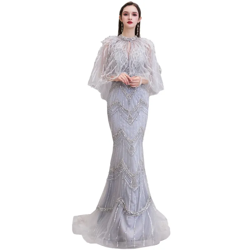 New Arrival V Neck Sleeveless Backless Stretch Sequin Party Wear Gown Long Evening Dresses Sexy Wedding Dresses Women With Cape