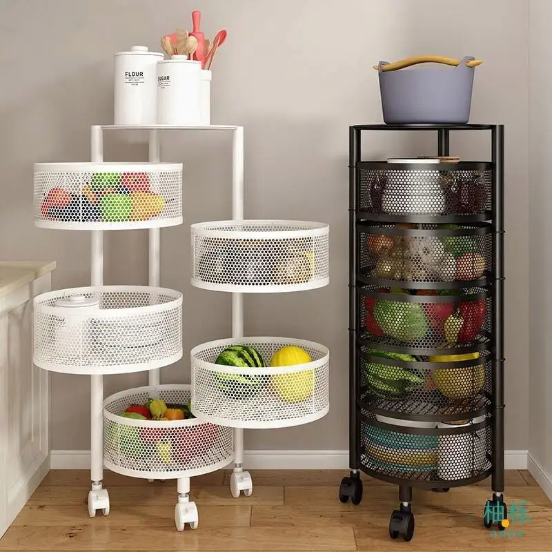 Low Price 3 4 5 tier metal shelves racks organizers, fruit and vegetable shelving round shelf rotating kitchen cart trolley