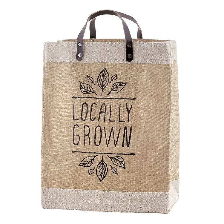 Custom Printed Eco Organic Reusable Large Shopping Tote Burlap Jute Bag With Leather Handles