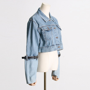 LEDUO Hot Supplier Veste de motard décontractée <span class=keywords><strong>en</strong></span> <span class=keywords><strong>jean</strong></span> pour femmes, manteau court à manches longues délavé et ajusté. - Product Image 4