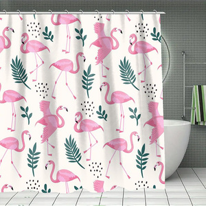 Ensemble de salle de bain 4 pièces avec <span class=keywords><strong>rideau</strong></span> de douche en polyester imperméable à imprimé <span class=keywords><strong>flamant</strong></span> rose mignon personnalisé, tapis et couvercle de toilette - Product Image 4
