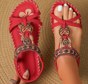 Calzado Casual de Moda para Mujer, Estilo Bohemio, con Cuentas y Lazo Decorativo, Punta Abierta, Correa en el Tobillo, Antideslizante, para Vacaciones - Product Image 2
