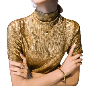 Fashion Style Women Short Sleeve t Shirts Mock Neck Slim <strong>Sequins</strong> Gold <strong>Tops</strong> Summer Clothing Custom <strong>Plus</strong> <strong>Size</strong> Lady Shirt - Product Image 1