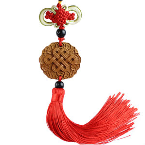 Pendentif en bois de pêche avec nœud chinois, décoration pour rétroviseur de voiture, nœud porte-bonheur, couleur rouge et noire, pour l'intérieur de la voiture, cadeau - Product Image 4