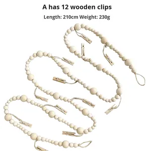Perles rondes <span class=keywords><strong>en</strong></span> <span class=keywords><strong>bois</strong></span>, affichage de photos suspendu, corde de jute, perles de <span class=keywords><strong>bois</strong></span>, clip à glands, cadre photo, rangement, décoration murale - Product Image 6