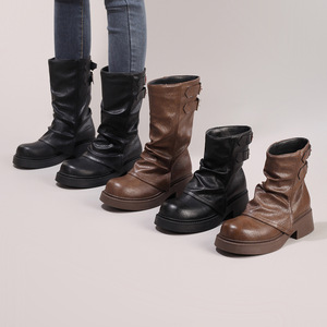 Botas Cortas de Invierno 2025, Color Sólido, Punta Redonda, Suela Gruesa, Estilo Retro, Ajustadas, Arrugadas, Elásticas, Sin Cordones - Product Image 3