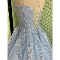 Gaun Prom Bordir Aplikasi Renda Pola Kupu-kupu Biru Muda Grosir 2025 2026 Dengan Tulle dan Tali di Belakang Model Ball Gown