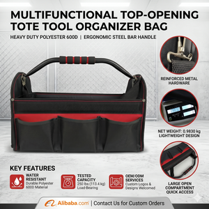 Fabric 600D Multifunctional Top Opening Tote <b>Tool</b> Organizer <b>Bag</b> Steel Bar Handle Water Resistant 250 lb Capacity OEM/ODM - Product Image 1