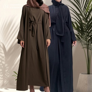 Ensemble Abaya 2 pièces pour femmes musulmanes, couleur unie, Abayas ouvertes avec robe intérieure, hijab inclus, 10 couleurs, 1956 # - Product Image 2
