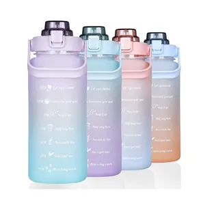 Bouteille d'eau de sport en plastique 2L de grande capacité avec manchon de rangement PC gym motivationnel Fitness bouteille en plastique sans BPA avec paille